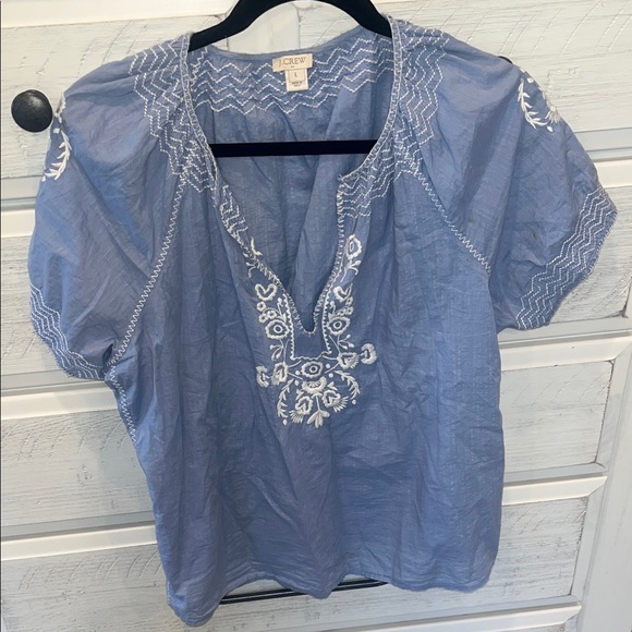 J. Crew Tops - J. Crew Light Blue Blouse with White Embroidery